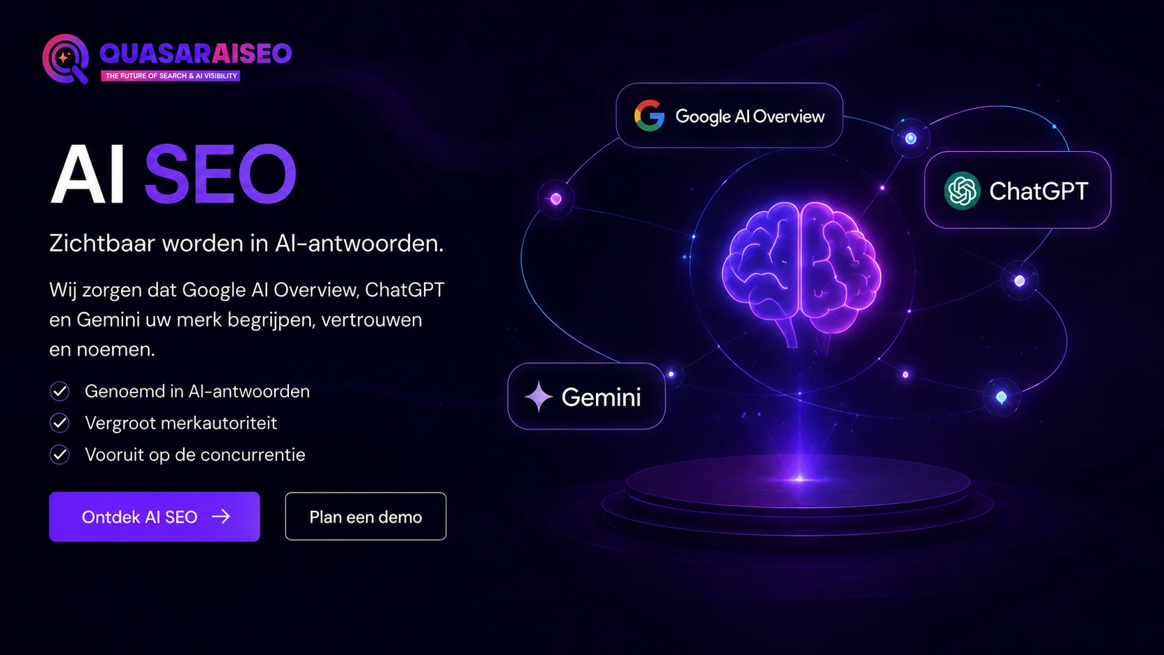 Illustratie van AI SEO: een merk dat zichtbaar wordt in antwoorden van Google AI Overview, ChatGPT en Gemini