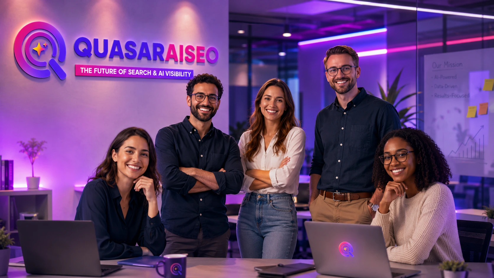 Het team van QuasarAISEO dat het contentecosysteem voor SLS Zonwering opbouwde