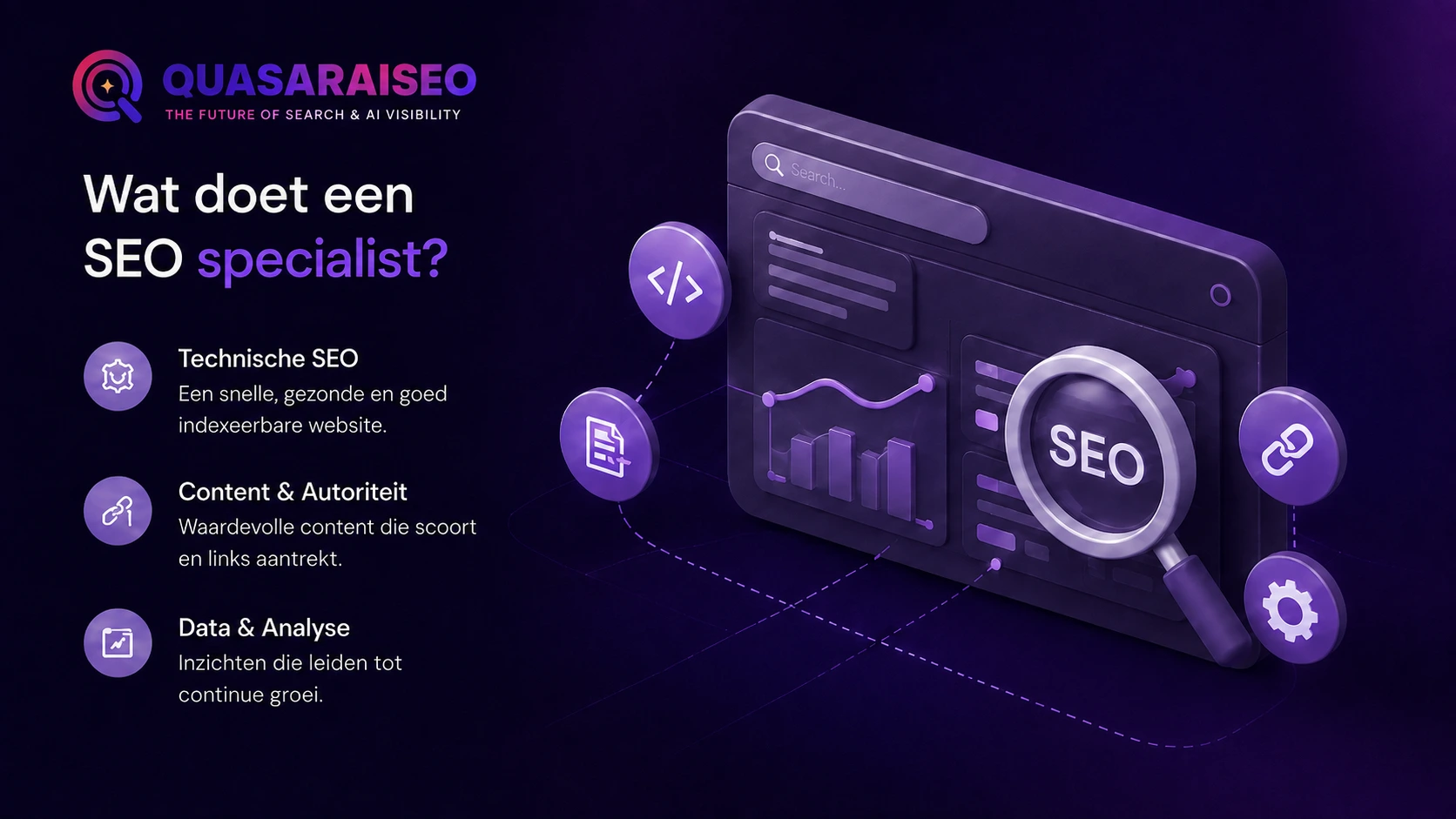 Overzicht van de drie kerntaken van een SEO specialist: technische SEO, content en autoriteit, en data en analyse